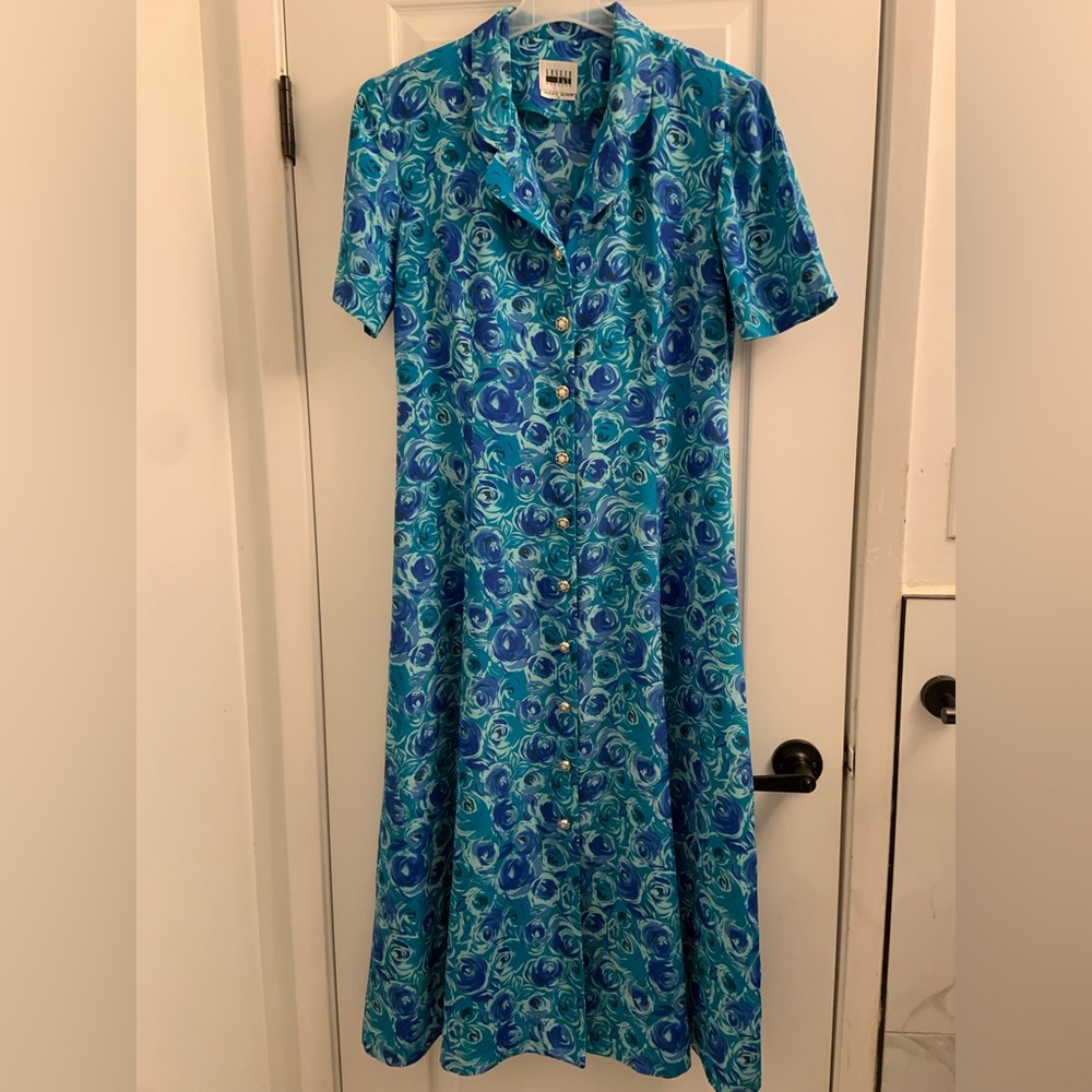 Leslie Fay Turquoise and Navy Floral Maxi Dress